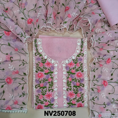Pastel Pink noil unstitched salwar material (Lining needed)embroidery work on yoke & front, matching silky bottom, embroidery work on noil dupatta with scalped borders. NV250708