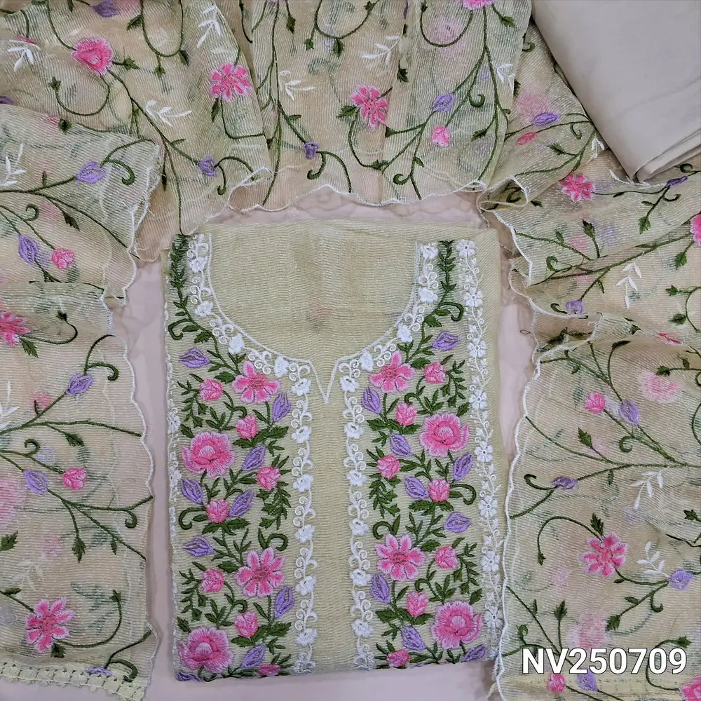 Beige noil unstitched salwar material (Lining needed)embroidery work on yoke & front, matching silky bottom, embroidery work on noil dupatta with scalped borders. NV250709