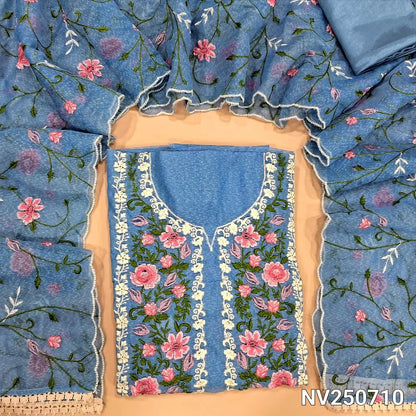 Powder Blue noil unstitched salwar material (Lining needed)embroidery work on yoke & front, matching silky bottom, embroidery work on noil dupatta with scalped borders. NV250710