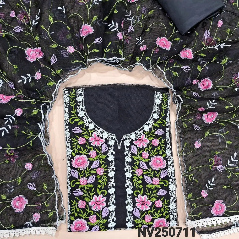 Black noil unstitched salwar material (Lining needed)embroidery work on yoke & front, matching silky bottom,  embroidery work on  noil dupatta with scalped borders. NV250711