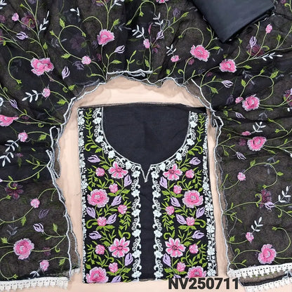 Black noil unstitched salwar material (Lining needed)embroidery work on yoke & front, matching silky bottom,  embroidery work on  noil dupatta with scalped borders. NV250711