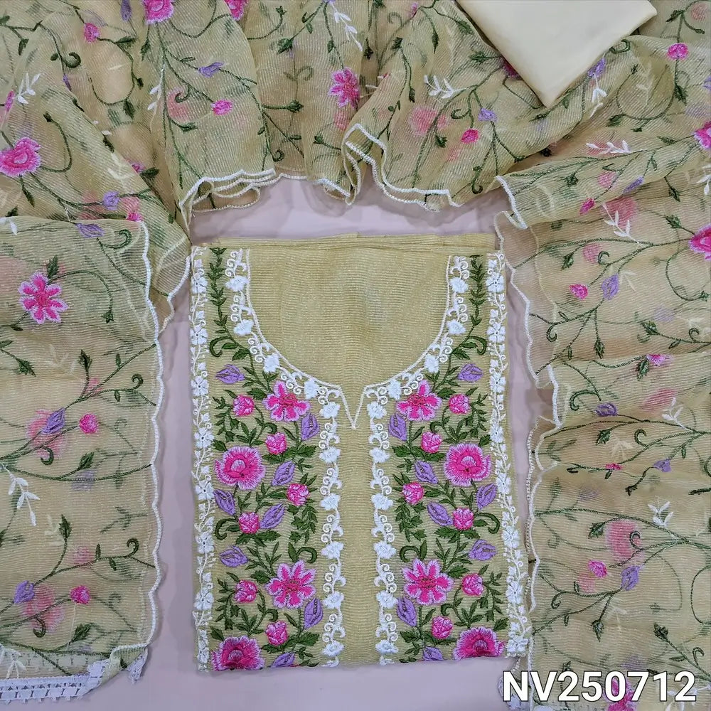Pastel yellow noil unstitched salwar material (Lining needed)embroider work on yoke & front, matching silky bottom,  embroidery work on  noil dupatta with scalped borders. NV250712