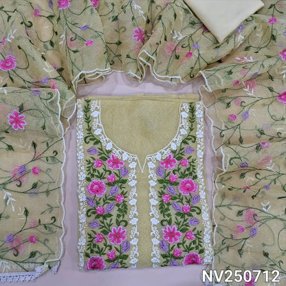 Pastel yellow noil unstitched salwar material (Lining needed)embroider work on yoke & front, matching silky bottom,  embroidery work on  noil dupatta with scalped borders. NV250712