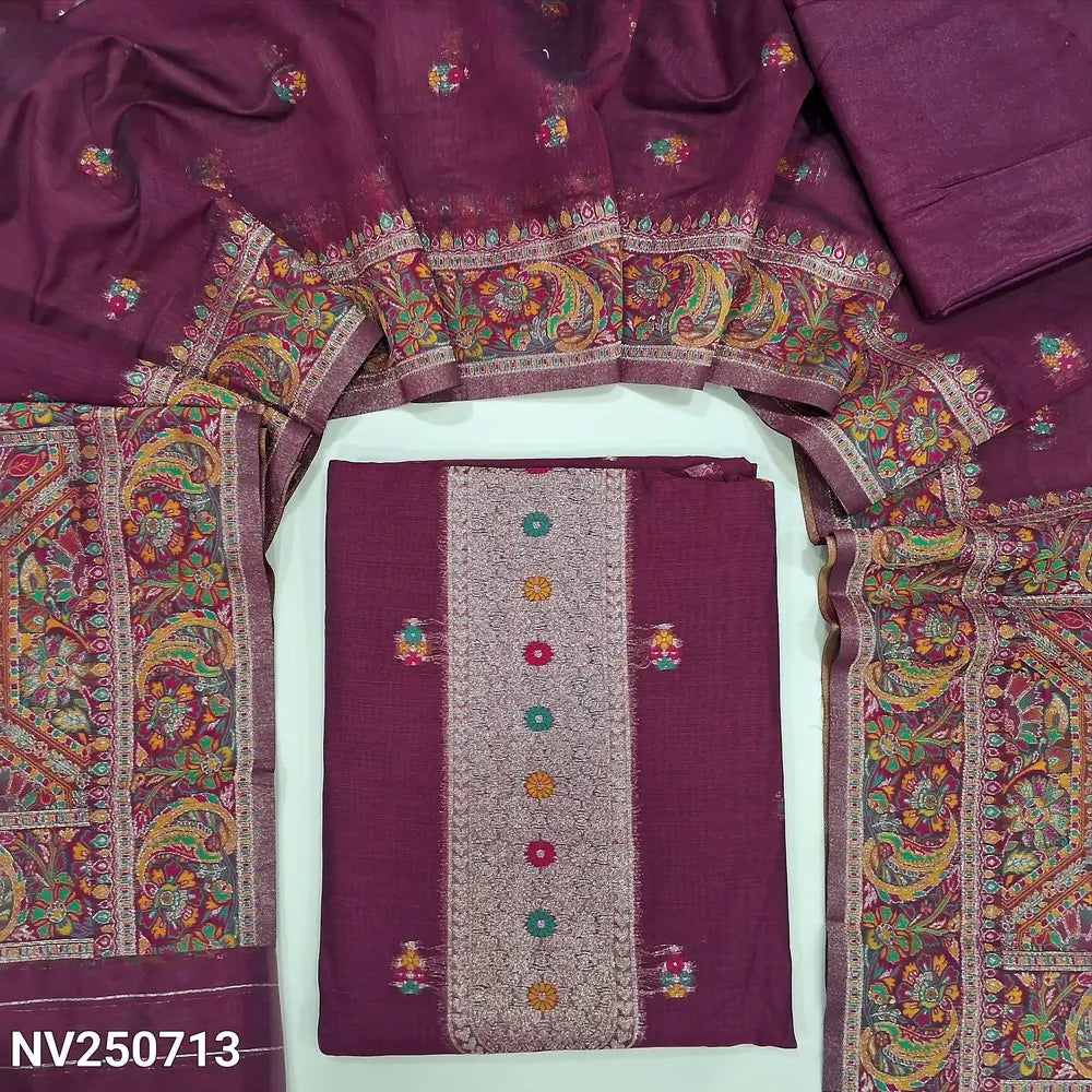 Rani Pink premium silk cotton unstitched salwar material (Lining needed) zari & meenakari work on yoke, small design on front matching silky bottom, zari & minakari work on silk cotton dupatta with rich pallu. NV250713