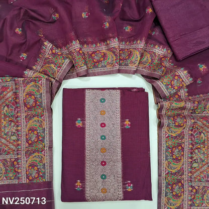 Rani Pink premium silk cotton unstitched salwar material (Lining needed) zari & meenakari work on yoke, small design on front matching silky bottom, zari & minakari work on silk cotton dupatta with rich pallu. NV250713