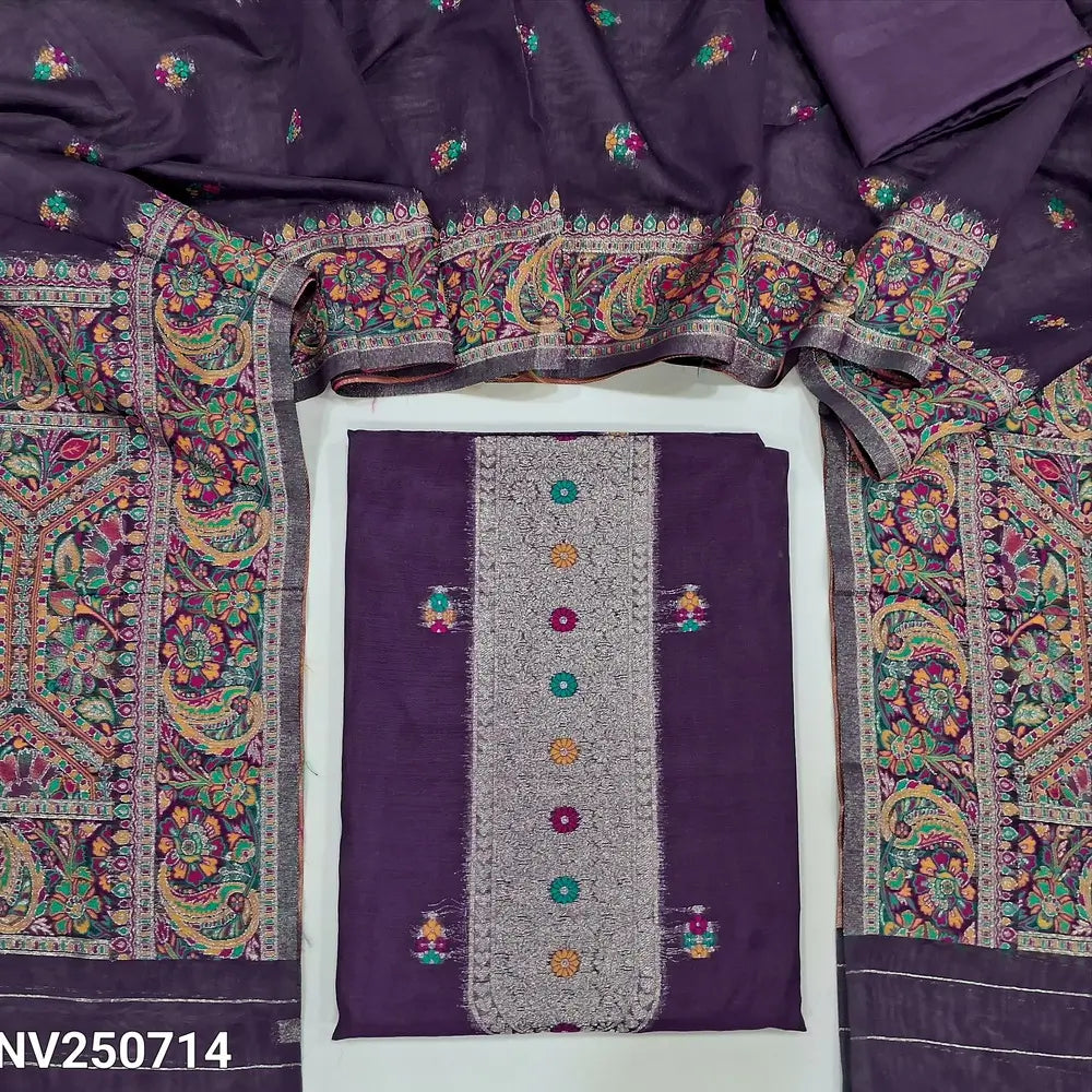 Dark wine Purple premium silk cotton unstitched salwar material (Lining needed) zari & meenakari work on yoke, small design on front matching silky cotton bottom, zari & minakari work on silk cotton dupatta with rich pallu. NV250714