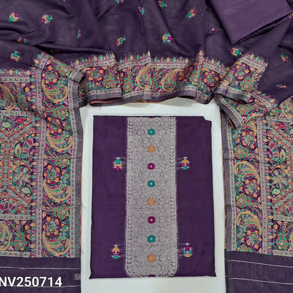 Dark wine Purple premium silk cotton unstitched salwar material (Lining needed) zari & meenakari work on yoke, small design on front matching silky cotton bottom, zari & minakari work on silk cotton dupatta with rich pallu. NV250714