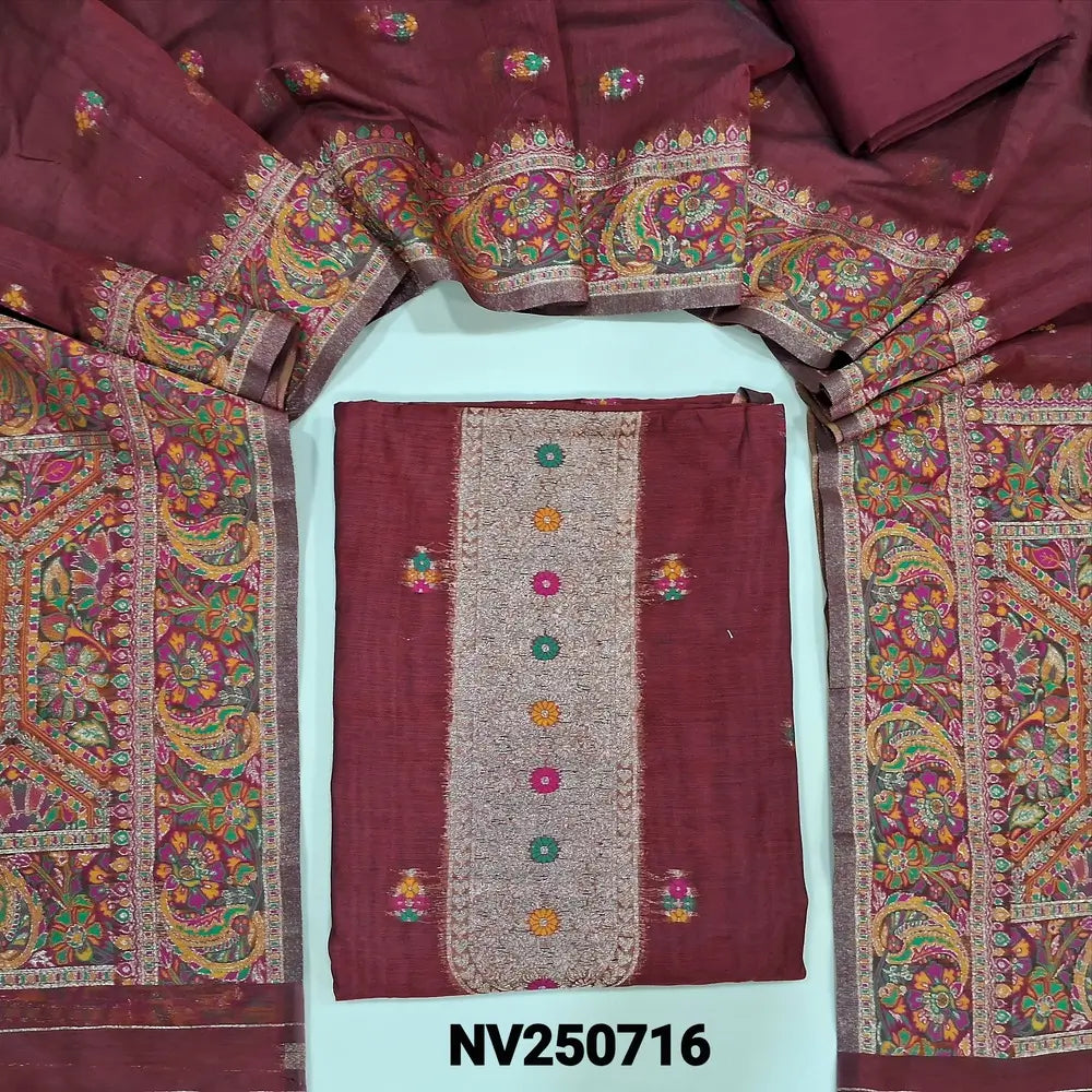 Maroon premium silk cotton unstitched salwar material (Lining needed) zari & meenakari work on yoke, small design on front matching silk cotton bottom, zari & minakari work on silk cotton dupatta with rich pallu. NV250716
