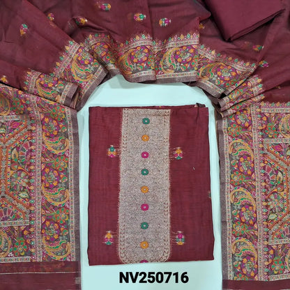 Maroon premium silk cotton unstitched salwar material (Lining needed) zari & meenakari work on yoke, small design on front matching silk cotton bottom, zari & minakari work on silk cotton dupatta with rich pallu. NV250716