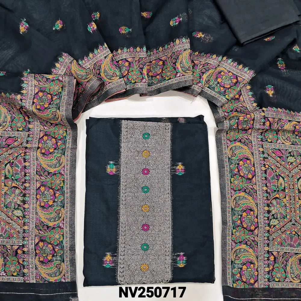 Black premium silk cotton unstitched salwar material (Lining needed) zari & meenakari work on yoke, small design on front matching silky bottom, zari & minakari work on silk cotton dupatta with rich pallu. NV250717