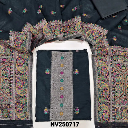 Black premium silk cotton unstitched salwar material (Lining needed) zari & meenakari work on yoke, small design on front matching silky bottom, zari & minakari work on silk cotton dupatta with rich pallu. NV250717