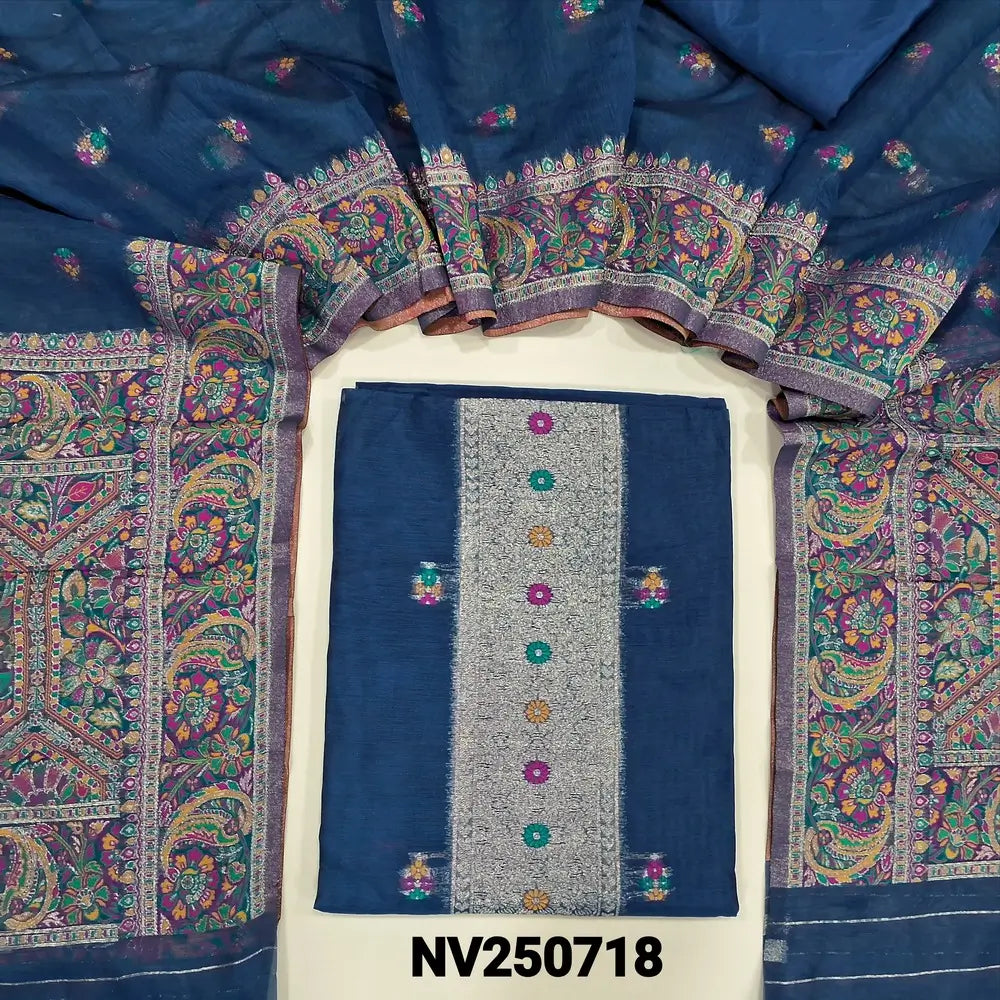 Dark blue premium silk cotton unstitched salwar material (Lining needed) zari & meenakari work on yoke, small design on front matching silky bottom, zari & minakari work on silk cotton dupatta with rich pallu. NV250718