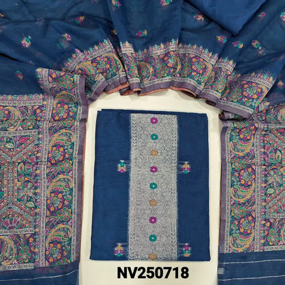 Dark blue premium silk cotton unstitched salwar material (Lining needed) zari & meenakari work on yoke, small design on front matching silky bottom, zari & minakari work on silk cotton dupatta with rich pallu. NV250718