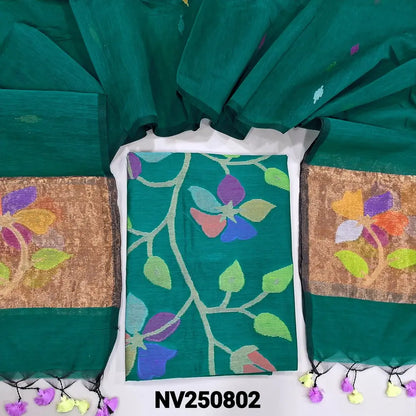 Teal Green muslin jamdani woven unstitched salwar material (Thin, Lightweight, Lining Needed) NO BOTTOM, floral weaving on top, full length jamdani woven dupatta with tissue pallu, handmade tassels. NV250802