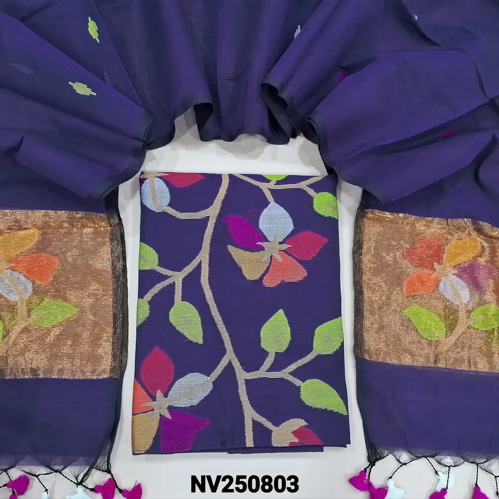 Violet muslin jamdani woven unstitched salwar material (Thin, Lightweight, Lining Needed) NO BOTTOM, floral weaving on top, full length jamdani woven dupatta with tissue pallu, handmade tassels. NV250803