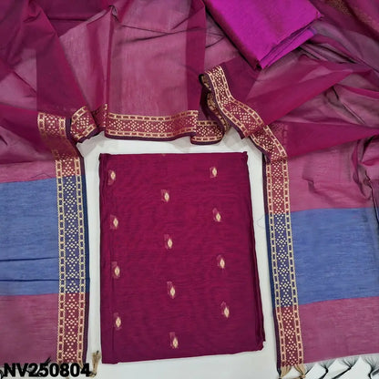 Rani Pink fancy silk cotton unstitched salwar material(lining needed) zari buttas allover, matching silk cotton bottom, dual shaded fancy silk cotton dupatta with zari woven  borders & tassels. NV250804