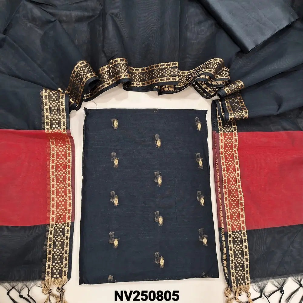 Black fancy silk cotton unstitched salwar material(lining needed) zari buttas allover, matching silk cotton bottom, dual shaded fancy silk cotton dupatta with zari woven  borders & tassels. NV250805