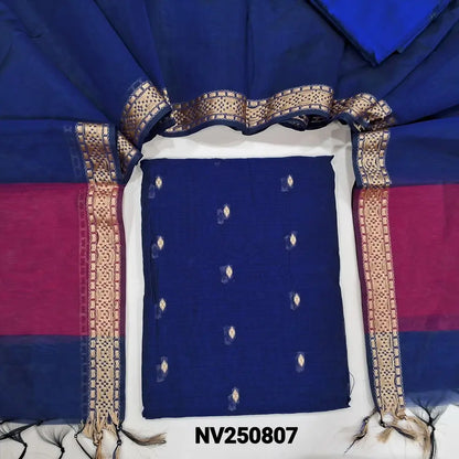 Royal Blue fancy silk cotton unstitched salwar material(lining needed) zari buttas allover, matching silk cotton bottom, dual shaded fancy silk cotton dupatta with zari woven  borders & tassels. NV250807