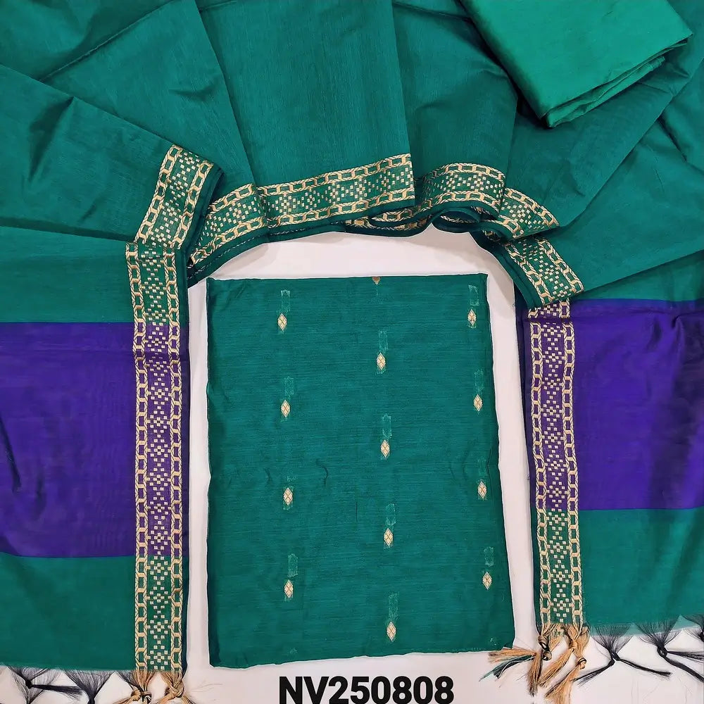 Peacock green fancy silk cotton unstitched salwar material(lining needed) zari buttas allover, matching silk cotton bottom, dual shaded fancy silk cotton dupatta with zari woven  borders & tassels. NV250808