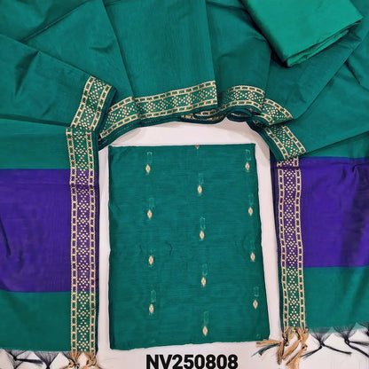 Peacock green fancy silk cotton unstitched salwar material(lining needed) zari buttas allover, matching silk cotton bottom, dual shaded fancy silk cotton dupatta with zari woven  borders & tassels. NV250808