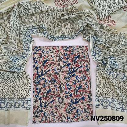 Green base kalamkari printed pure cotton unstitched salwar material(lining optional)hand block printed cotton bottom, block printed pure soft cotton dupatta.(REQUIRES TAPINGS). NV250809