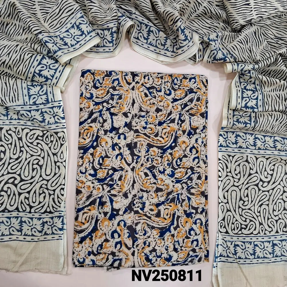 Black base kalamkari printed pure cotton unstitched salwar material(lining optional)hand block printed cotton bottom, block printed pure soft cotton dupatta.(REQUIRES TAPINGS). NV250811