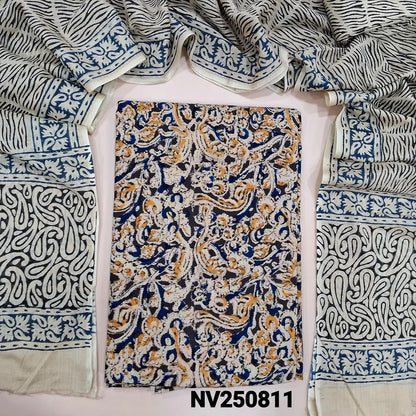 Black base kalamkari printed pure cotton unstitched salwar material(lining optional)hand block printed cotton bottom, block printed pure soft cotton dupatta.(REQUIRES TAPINGS). NV250811