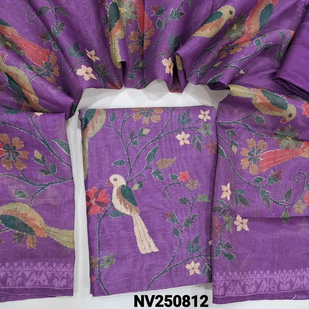Purple tissue silk cotton unstitched salwar material (textured, lining needed) digital print allover, matching silky bottom, digital printed tissue silk cotton dupatta. NV250812