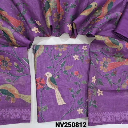 Purple tissue silk cotton unstitched salwar material (textured, lining needed) digital print allover, matching silky bottom, digital printed tissue silk cotton dupatta. NV250812