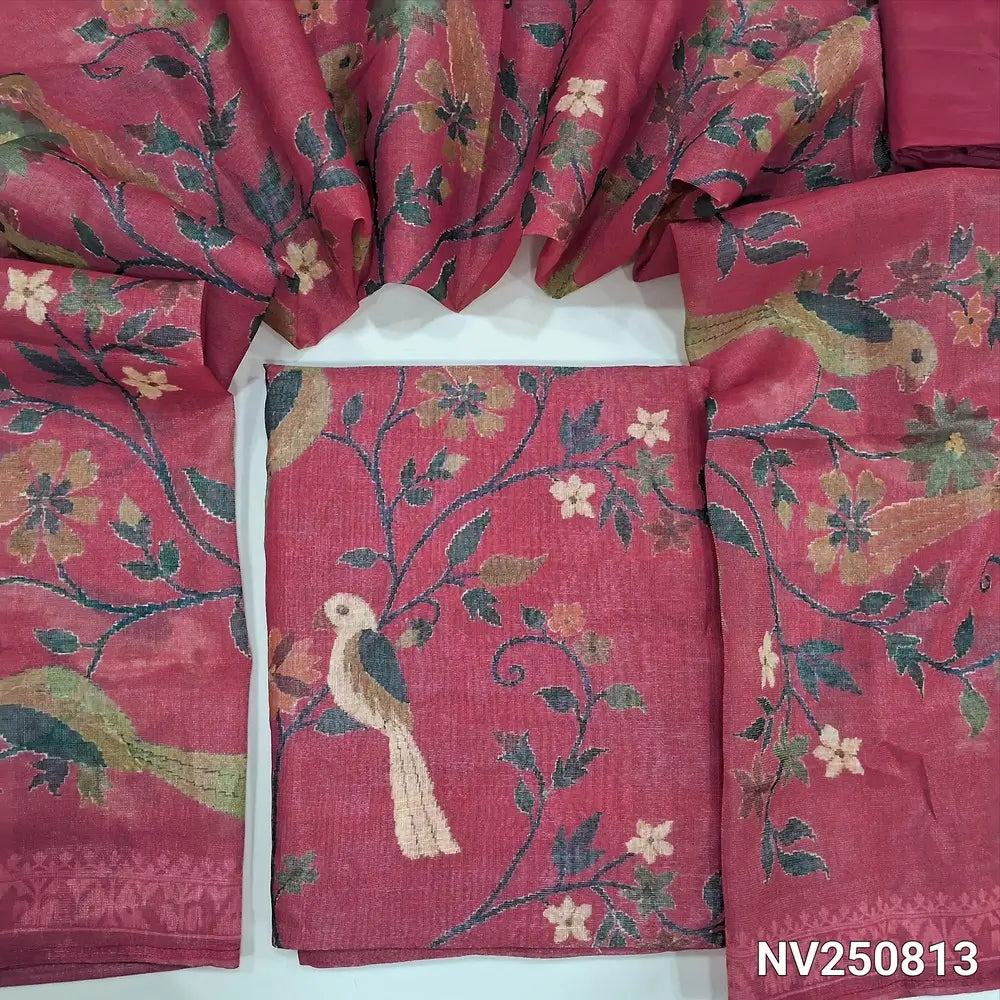 Pink tissue silk cotton unstitched salwar material (textured, lining needed) digital printed allover, matching silky bottom, digital printed tissue silk cotton dupatta NV250813