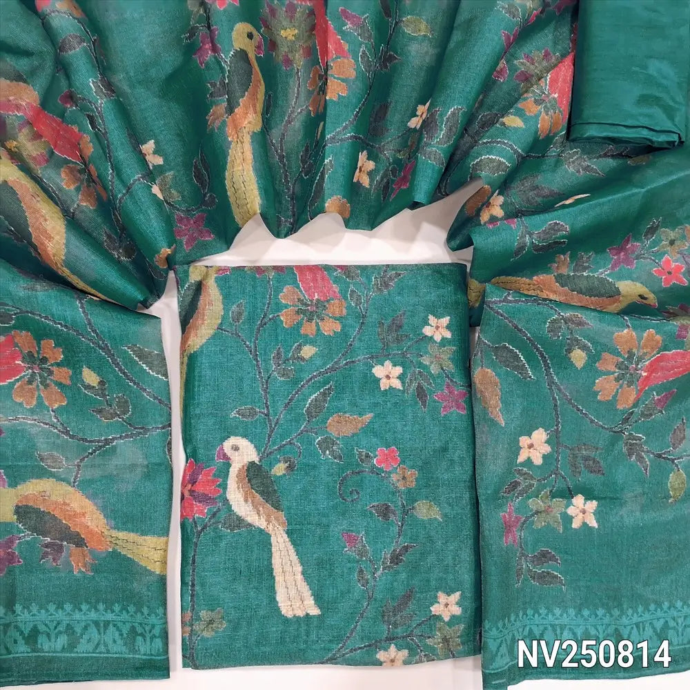 Teal blue tissue silk cotton unstitched salwar material (textured, lining needed)  digital printed allover, matching silky bottom, digital printed tissue silk cotton dupatta. NV250814