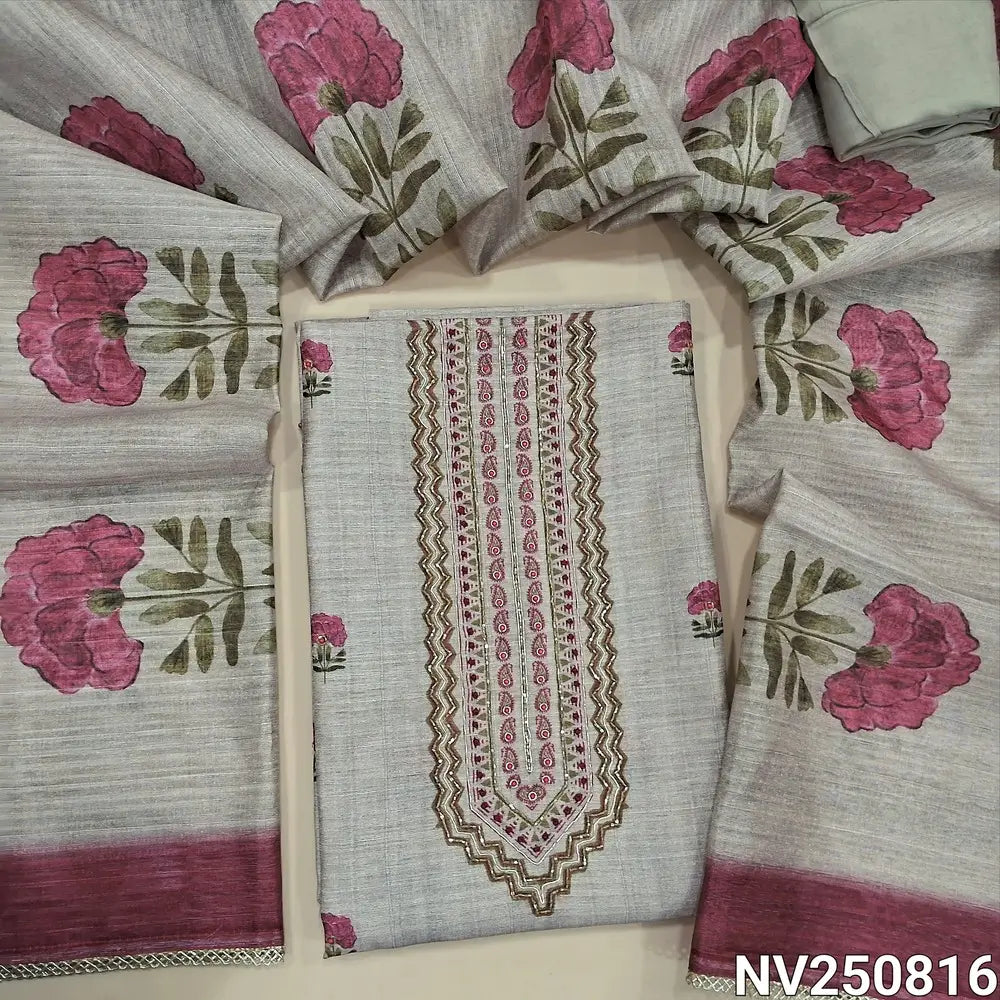 Rich Beige jute silk unstitched salwar material (textured, lining needed) pink floral print allover, cut, sugar bead work on yoke, matching santoon bottom, floral printed  jute silk dupatta with fancy tapings. NV250816