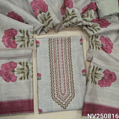 Rich Beige jute silk unstitched salwar material (textured, lining needed) pink floral print allover, cut, sugar bead work on yoke, matching santoon bottom, floral printed  jute silk dupatta with fancy tapings. NV250816