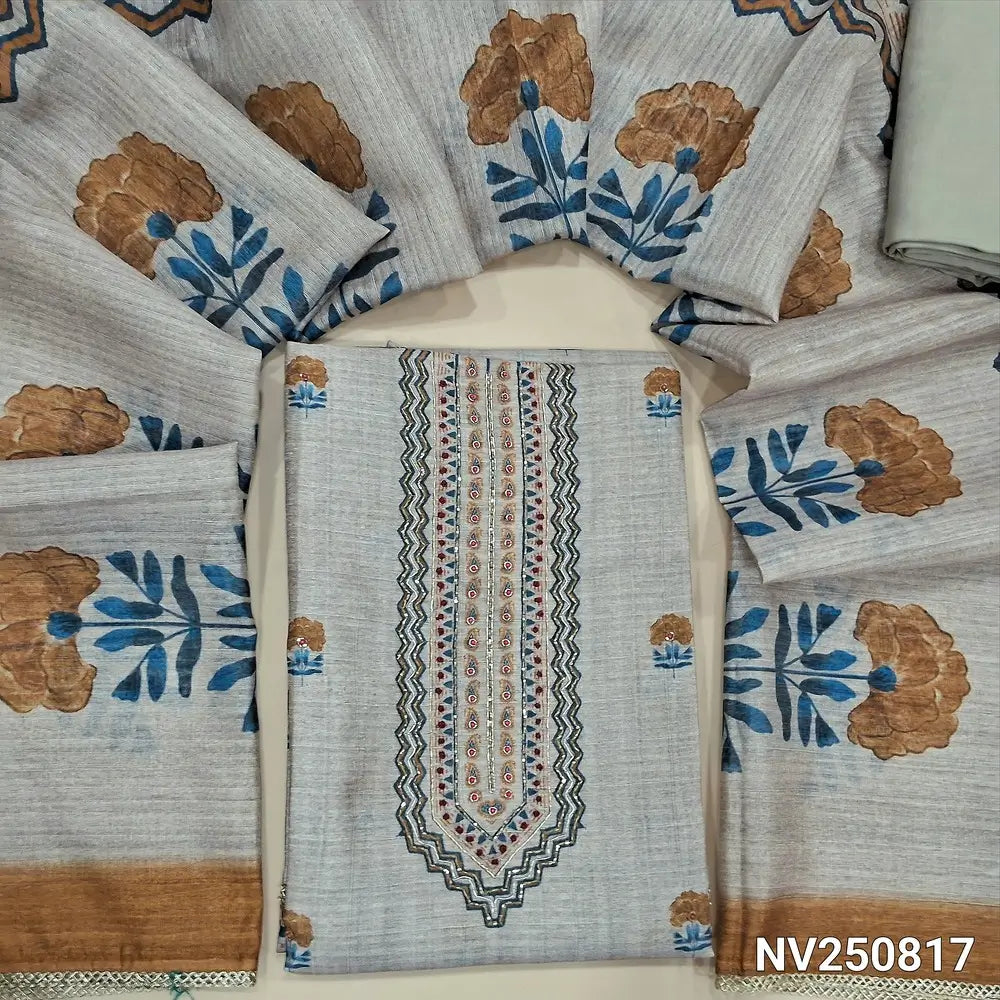 Rich Beige jute silk unstitched salwar material (textured, lining needed) mehandhi yellow floral print allover, cut, sugar bead work on yoke, matching santoon bottom, floral printed  jute silk dupatta with fancy tapings. NV250817