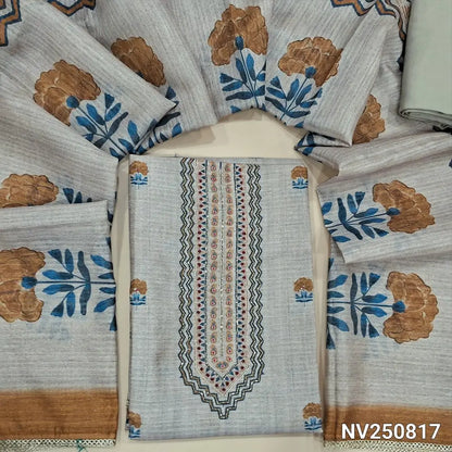 Rich Beige jute silk unstitched salwar material (textured, lining needed) mehandhi yellow floral print allover, cut, sugar bead work on yoke, matching santoon bottom, floral printed  jute silk dupatta with fancy tapings. NV250817