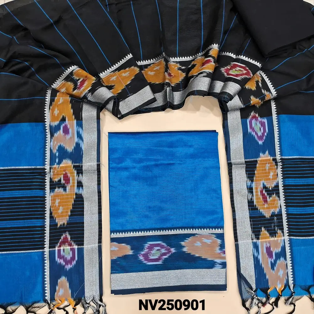 Turquoise Blue mangalgiri silk unstitched salwar material (lining needed) ikat, silver zari borders on daman, black cotton bottom, dual shade stripes mangalgiri silk dupatta with ikat borders & tassels. NV250901