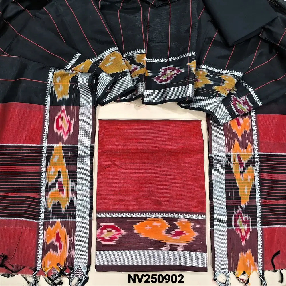 Maroon mangalgiri silk unstitched salwar material (lining needed) ikat, silver zari borders on daman, black cotton bottom, dual shade stripes mangalgiri silk dupatta with ikat borders & tassels. NV250902
