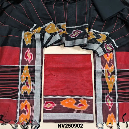 Maroon mangalgiri silk unstitched salwar material (lining needed) ikat, silver zari borders on daman, black cotton bottom, dual shade stripes mangalgiri silk dupatta with ikat borders & tassels. NV250902