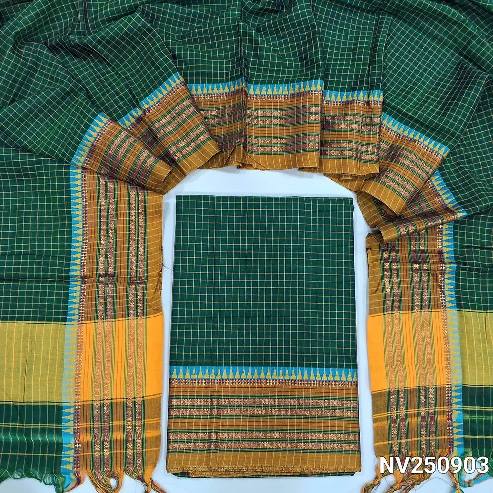 Bottle Green south mercerized handloom cotton unstitched salwar material(thin, lining needed) checked allover with contrast traditional thread woven border, bottom included with top, checked mercerized handloom cotton dupatta with tassels. NV250903