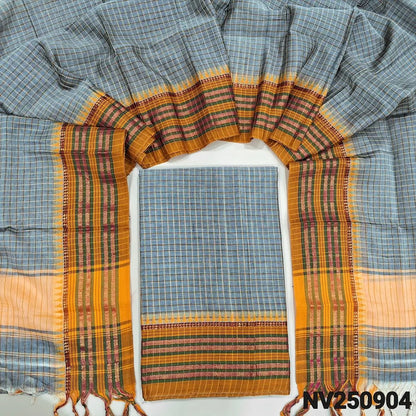 Grey south mercerized handloom cotton unstitched salwar material(thin, lining needed) checked allover with contrast traditional thread woven border, bottom included with top, checked mercerized handloom cotton dupatta with tassels. NV250904