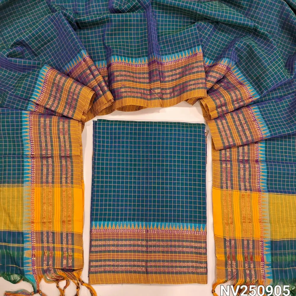 Teal blue south mercerized handloom cotton unstitched salwar material(thin, lining needed) checked allover with contrast traditional thread woven border, bottom included with top, checked mercerized handloom cotton dupatta with tassels. NV250905