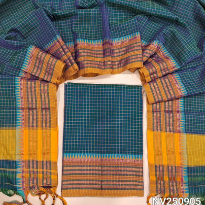 Teal blue south mercerized handloom cotton unstitched salwar material(thin, lining needed) checked allover with contrast traditional thread woven border, bottom included with top, checked mercerized handloom cotton dupatta with tassels. NV250905