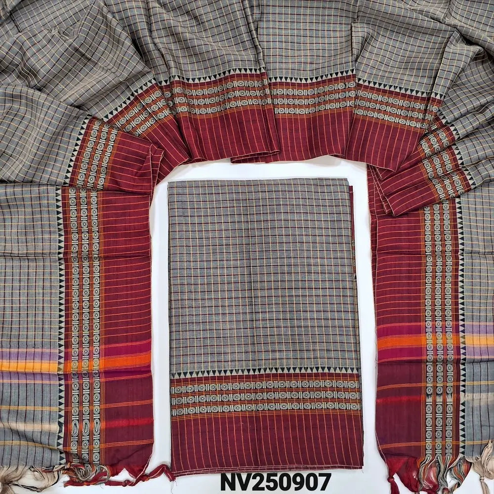 Rich Greyish beige south mercerized handloom cotton unstitched salwar material(thin, lining needed) checked allover with contrast traditional thread woven border, bottom included with top, checked mercerized handloom cotton dupatta with tassels. NV250907