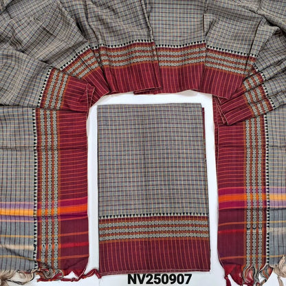 Rich Greyish beige south mercerized handloom cotton unstitched salwar material(thin, lining needed) checked allover with contrast traditional thread woven border, bottom included with top, checked mercerized handloom cotton dupatta with tassels. NV250907