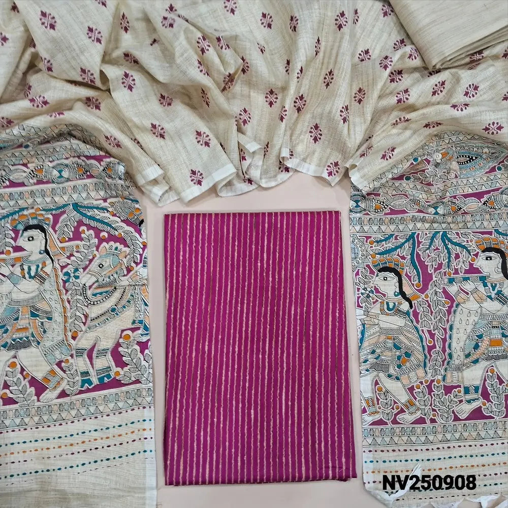 Pink bagalpuri jute silk cotton stripes unstitched salwar material (lining needed), beige bagalpuri silk cotton bottom, bagalpuri jute silk cotton dupatta with madhubani print in pallu. NV250908