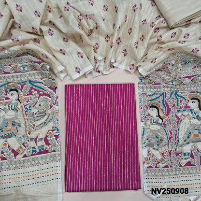 Pink bagalpuri jute silk cotton stripes unstitched salwar material (lining needed), beige bagalpuri silk cotton bottom, bagalpuri jute silk cotton dupatta with madhubani print in pallu. NV250908
