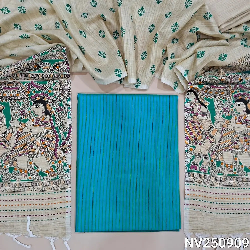 Light Blue bagalpuri jute silk cotton stripes unstitched salwar material (lining needed), beige bagalpuri silk cotton bottom, bagalpuri jute silk cotton dupatta with madhubani print in pallu. NV250909