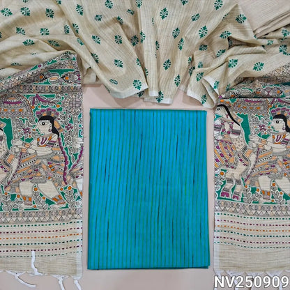 Light Blue bagalpuri jute silk cotton stripes unstitched salwar material (lining needed), beige bagalpuri silk cotton bottom, bagalpuri jute silk cotton dupatta with madhubani print in pallu. NV250909