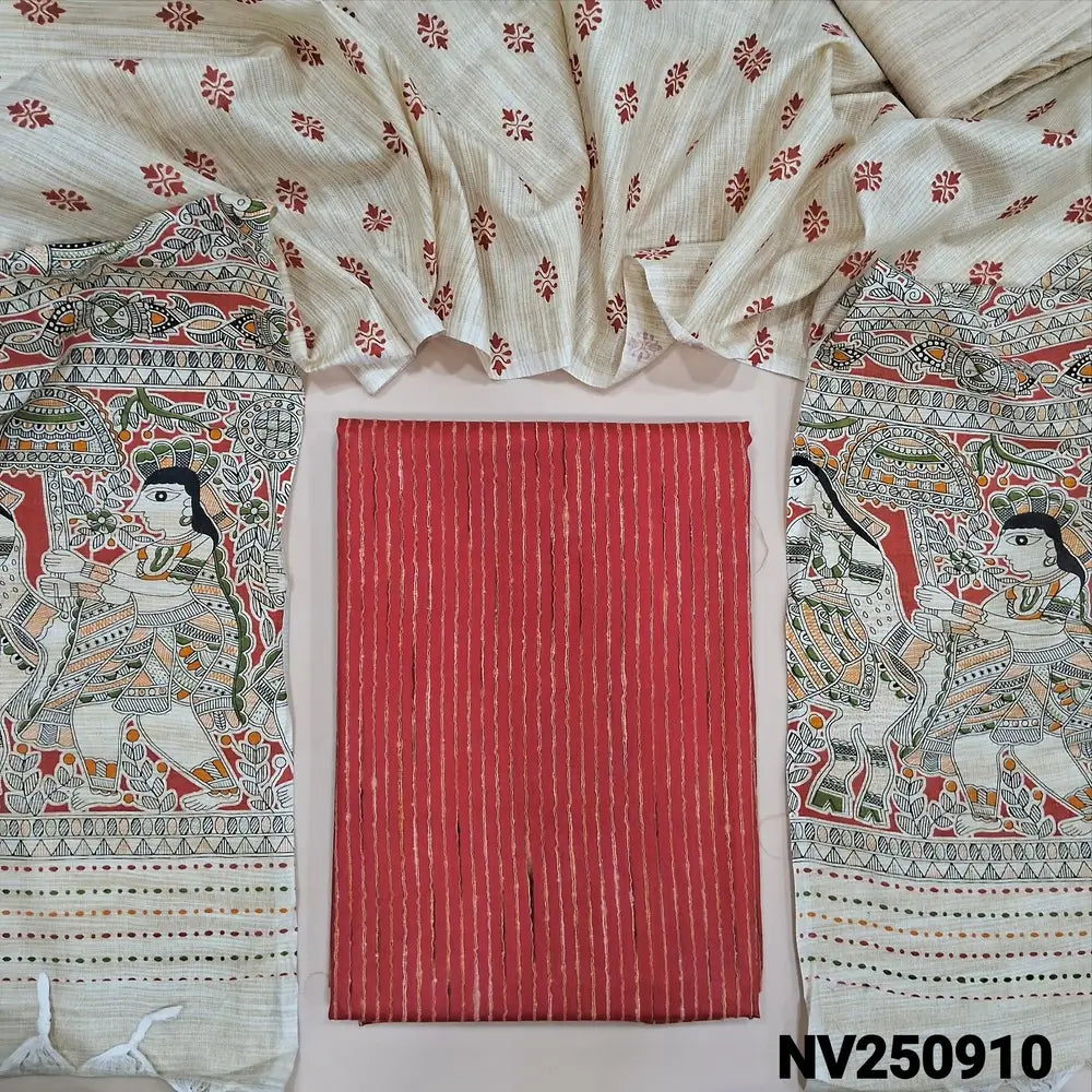 Brick Red bagalpuri jute silk cotton stripes unstitched salwar material (lining needed), beige bagalpuri silk cotton bottom, bagalpuri jute silk cotton dupatta with madhubani print in pallu. NV250910