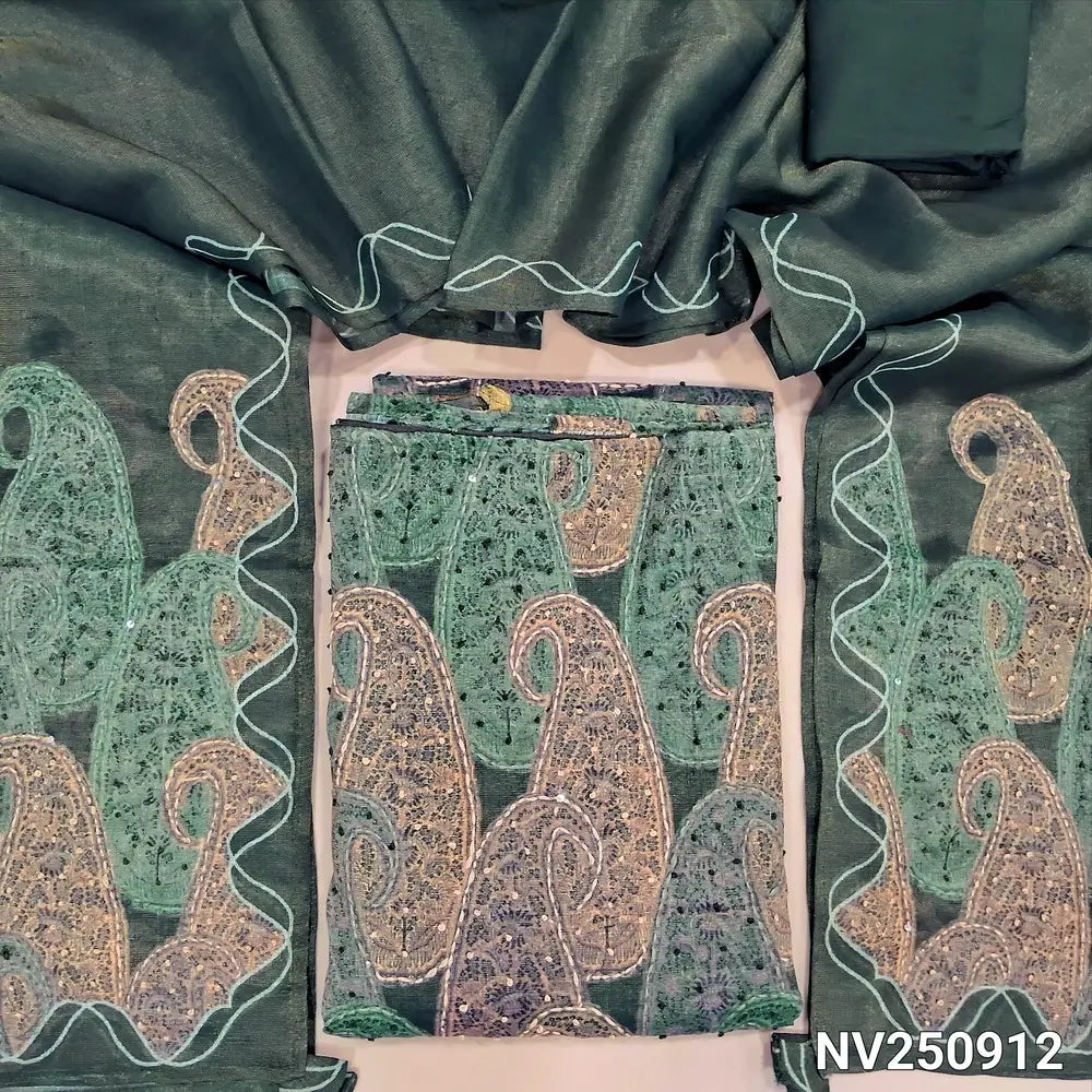 Dark Green tissue linen unstitched salwar material (lining needed) abstract print, embroidery work on front, matching santoon bottom, tissue linen dupatta with print, embroidery pallu. NV250912